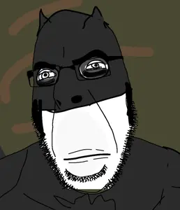 batman, cobson, 1soyjak, bored, closed mouth, dark background, drawn background, emo, face mask, glasses