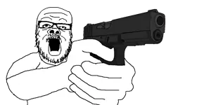 a24 slowburn soyjak, 1soyjak, a24, arm, bald, black eyes, clothes, finger, firearm, glasses