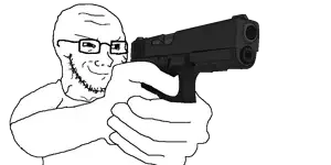 soyak, soyak (smug), 1soyjak, arm, bald, closed mouth, clothes, finger, firearm, glasses