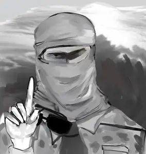 gigachad, balaclava, camouflage, command & conquer, command and conquer, drawn background, face mask, front view, half body, mask