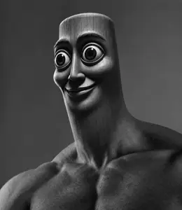 gigachad, tung tung tung sahur, brainrot, buff, closed mouth, gray background, gray skin, open eyes, portrait, smile