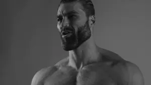 gigachad, 1nas, animated, beard, buff, ear, gigaquoting, google gemini, gray background, gray skin