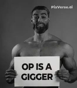 gigachad, black hair, buff, dance, english text, gray skin, hair, muscles, muscular male, op