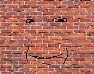 gapejak, wholesome soyjak, 1soyjak, bald, black eyes, brick, brick wall, half open mouth, irl background, looking at you