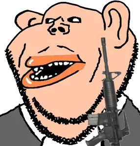 impish soyak ears, impish amerimutt, amerimutt, 1soyjak, big lips, grey jacket, gun, holding gun, holding object, holding rifle