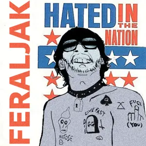 feraljak, 1soyjak, album cover, angry, black hair, choker, covered eyes, drawn background, ears, front view