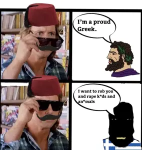 yes chad, chudjak, markiplier soyjak, chudplier, black hair, blonde hair, cinema, clothes, english text, fez