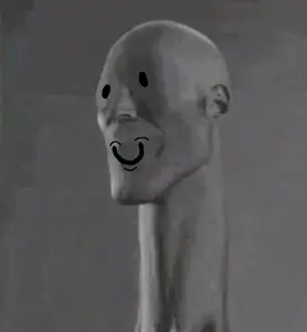 gigachad, gjoldi, 1nas, bald, black eyes, closed mouth, gray background, gray skin, happy, long neck