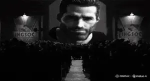 gigachad, 1984, 1nas, alarm, beard, black hair, buff, front view, full body, gray skin