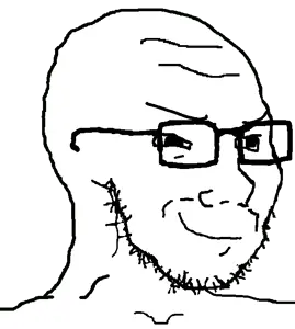 soyak, soyak (smug), soyak 3/4, 1soyjak, bald, closed mouth, forehead lines, glasses, looking to the right, monochrome