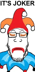 jimbo (balatro), markiplier soyjak, neutralplier, 1soyjak, closed eyes, closed mouth, front view, glasses, jester, jester hat