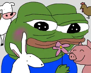 apu, pepe, amphibian, animal, black eyes, blue shirt, blush, chicken, cow, flower