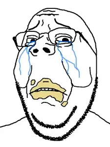 gapejak, wholesome soyjak, 1soyjak, bald, beard, black eyes, crying, fat, front view, glasses