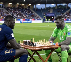 gigachad, almost full body, beard, black eyes, black hair, buff, chess, closed mouth, ear, eye