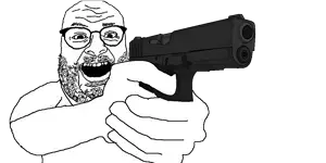 its out get in here, 1soyjak, arm, bald, clothes, fat, finger, firearm, front view, glasses