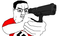 chudjak, 1soyjak, angry, arm, black hair, bushy eyebrows, closed mouth, clothes, eyebrows, finger