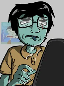 naramaca, unknown, black hair, blue skin, drawfag, face accessory, face paint, glasses, hair, laptop
