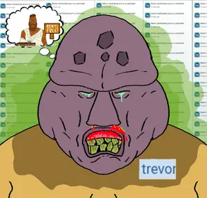 disgusting trevorcreature, markiplier soyjak, neutralplier, pink rage, 2soyjaks, bald, beard, beige shirt, big nose, black eyes