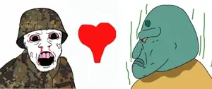feraljak, 2soyjaks, bald, black hair, bloodshot eyes, blue skin, camouflage, closed mouth, clothes, fat