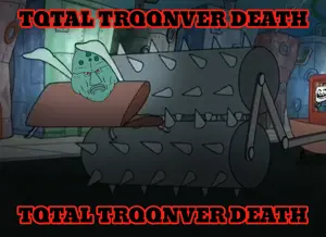 squidward tentacles, trollface, disgusting trevorcreature, 1soyjak, angry, arms up, back view, bald, big lips, black text