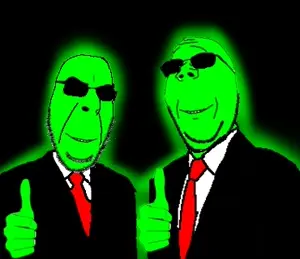 cobson, gapejak, wholesome soyjak, glowie, 2soyjaks, bald, black background, black hair, black suit, central intelligence agency