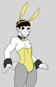 soyak, soyak (cheeky), cheeky, 1soyjak, blush, blush lines, brown eyes, brown hair, bunnysuit, closed mouth