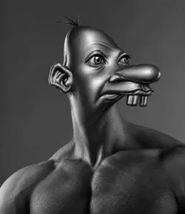 gigachad, manny heffley, neegy, black eyes, buck teeth, buff, closed mouth, gray background, gray skin, neutral
