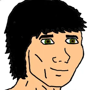 wojak, black hair, closed mouth, green eyes, hair, medium hair, no beard, no glasses, open eyes, skinny