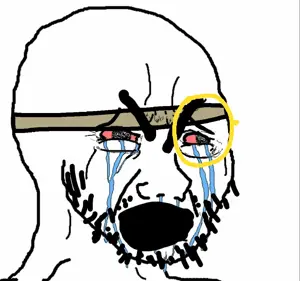 cryboy soyjak, 1soyjak, bald, bloodshot eyes, bushy eyebrows, crying, looking to the right, monocle, nose, open mouth
