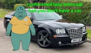 squidward tentacles, disgusting trevorcreature, 1soyjak, angry, blue skin, brown eyes, car, chrysler 300, clothes, english text