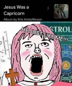 wojak, a24 slowburn soyjak, fusionjaks, cross, female, hair, jesus christ, pentagram, pink hair, text