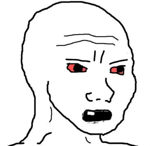 wojak, angry, black eyes, bloodshot eyes, no glasses, one tooth, open eyes, open mouth, portrait, tooth
