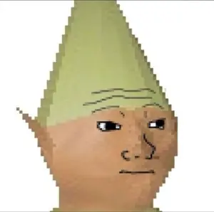 gnome child, wojak, black eyes, closed mouth, dank, gnome, green hat, green shirt, neutral, no beard