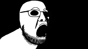 darkiplier, wrestlejak, 1soyjak, bald, beard, black background, black eyes, disgusted, frown, gaping mouth