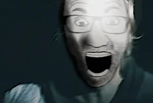 el perro rabioso, 1soyjak, alan wake, bald, black eyes, clothes, dark, front view, glasses, irl background