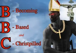 gigachad, it's based and christpilled, almost full body, beard, black hair, blue background, buff, christianity, christpilled, closed mouth