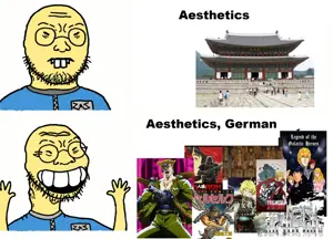 soykio kid, 2soyjaks, anime, bald, berserk, castle, closed mouth, cyborg, frieren, germany