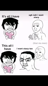 cinnta re, smug wojak, wojak, chudjak, pol face, 2nas, 3soyjaks, bald, black hair, concerned