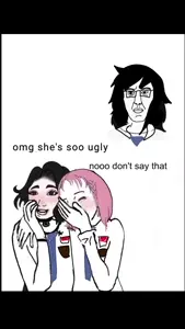 cinnta re, daddy's girl wojak, doomer girl wojak, wojak, chudjak, unknown, black eyes, black hair, blush, closed mouth