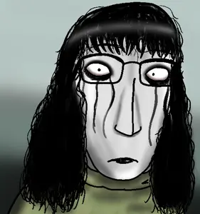 pokusa, rosemary walten, xylophono, female xylophono, 1soyjak, analog horror, black eyes, black hair, closed mouth, drawn background