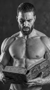 gigachad, book of literal whos, 1nas, beard, book of literal whos, buff, ear, encyclopedia of literal whats, gray skin, hair