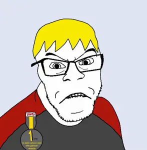 nate higgers, feraljak, natejak, 1soyjak, badge, biting lip, black eyes, blonde hair, closed mouth, glasses