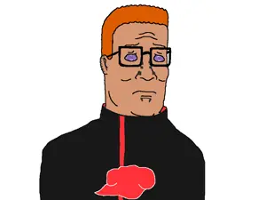 hank hill, pain, akatsuki, akatsuki uniform, black clothing, cloak, closed mouth, ear, forehead lines, forehead wrinkles