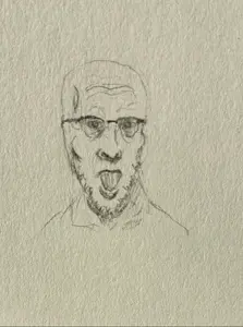cobbert, 1soyjak, bald, black eyes, front view, glasses, looking at you, open eyes, open mouth, pencil drawing