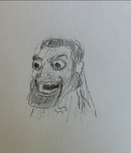 gigachad, black eyes, hair, looking at you, no glasses, open eyes, open mouth, pencil drawing, portrait, shadow