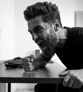 gigachad, beard, buff, chair, desk, ernest khalimov, gray skin, grayscale, hair, keyboard