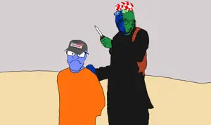 feraljak, gapejak, mustached gapejak, wholesome feraljak, 2soyjaks, almost full body, bald, black eyes, black hair, blue eyes