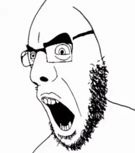 cobson, 1soyjak, bald, black eyes, gaping mouth, glasses, looking to the left, neutral, open mouth, open mouth