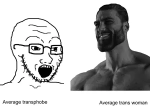 gigachad, soyak, 1soyjak, bald, black eyes, buff, glasses, gray skin, looking at each other, looking to the left
