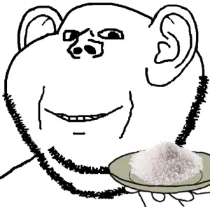 impish soyak ears, platejak, jolly soyak ears, 1soyjak, bald, black eyes, ear, front view, half body, half open mouth
